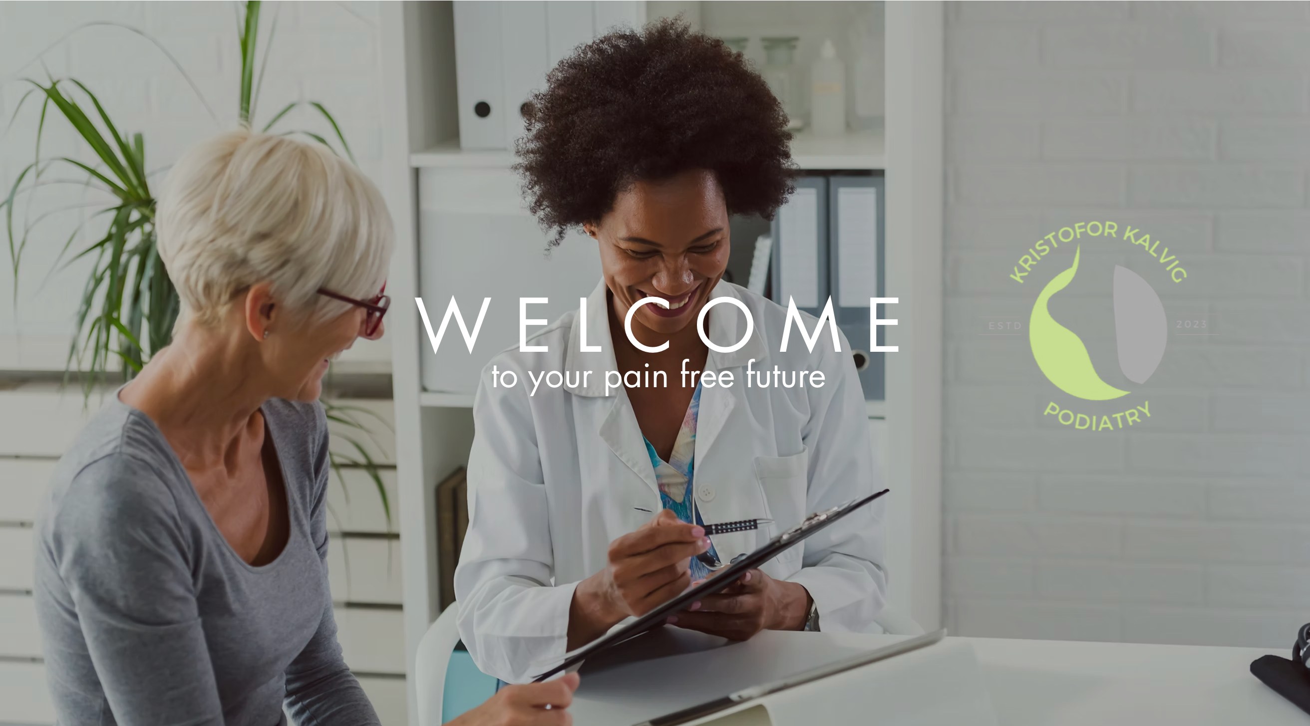 Medical consultation with welcome message for a pain free future