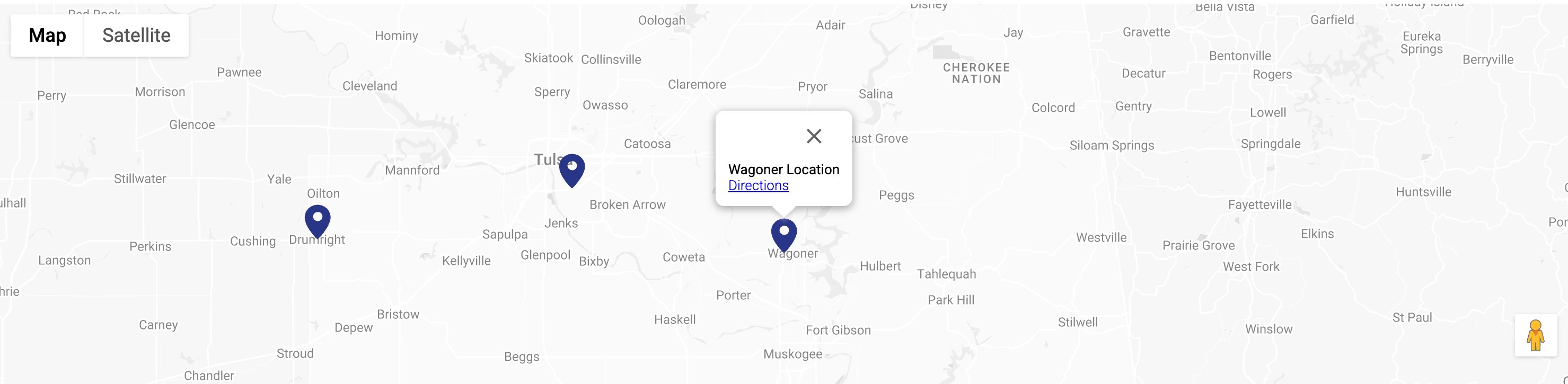 Google map showing Drumright, Tulsa, and Wagoner office locations