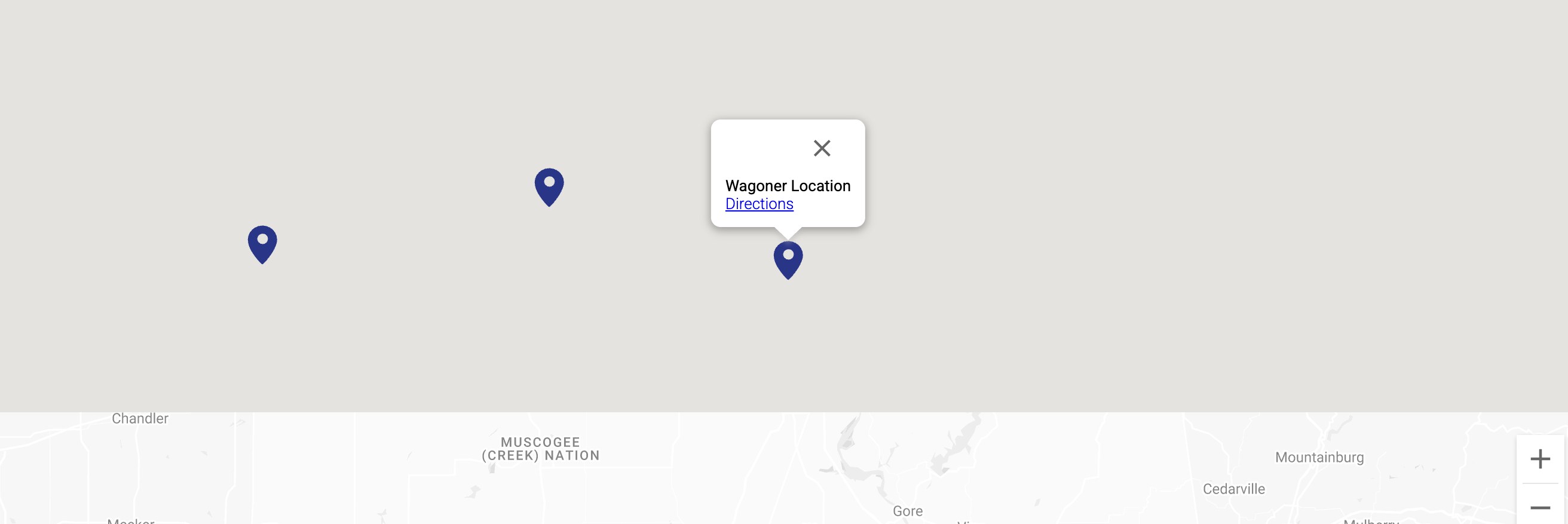 Google map showing Drumright, Tulsa, and Wagoner office locations